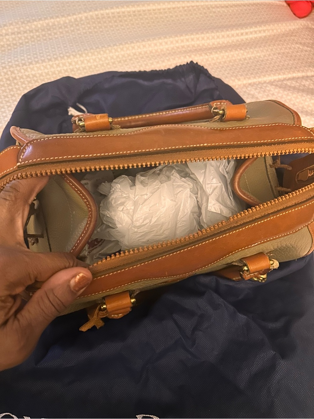 Dooney & Bourke Olive Pebbled Leather Satchel with Tan Trim - Picture 3 of 4